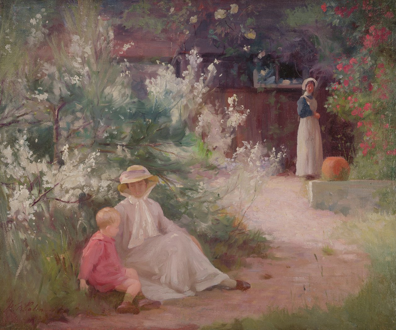 Lady With Her Young Son And Maid in the Garden by William Mainwaring Palin