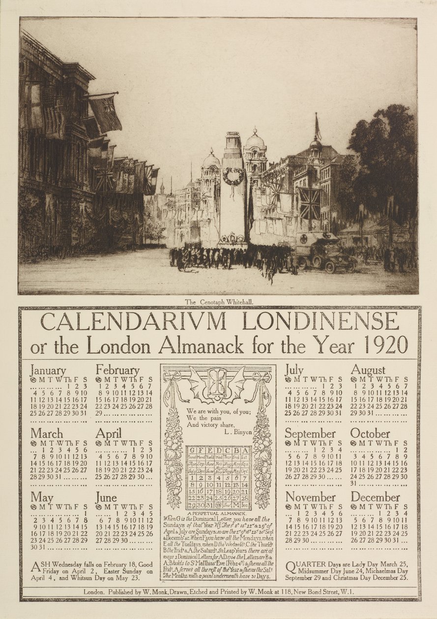 Calendarium Londinense, or the London Almanack for 1920, surmounted by a view of the Cenotaph, Whitehall, 1919 by William Monk