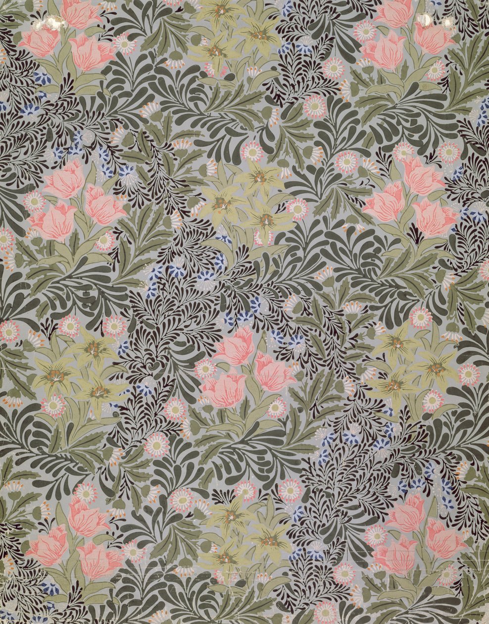 Wallpaper design with Tulips, Daisies and Honeysuckle by William Morris