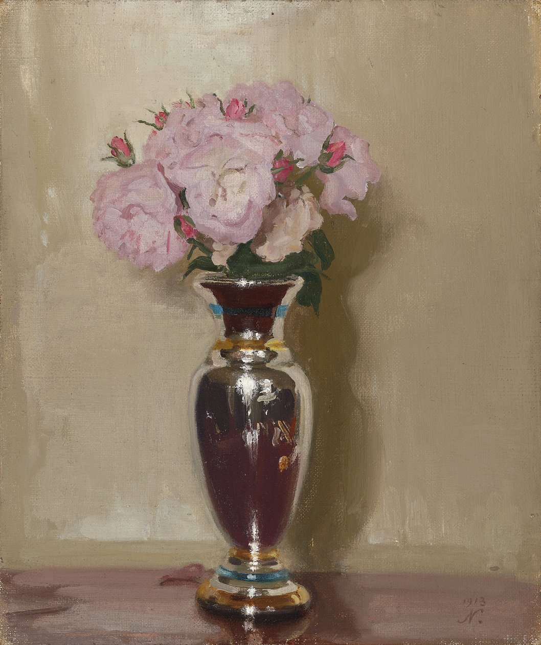 Pink Roses in a Silver Lustre Vase by William Nicholson