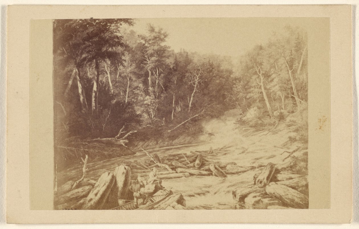 Copy of a painting depicting a river scene with a man in a canoe fishing by William Notman