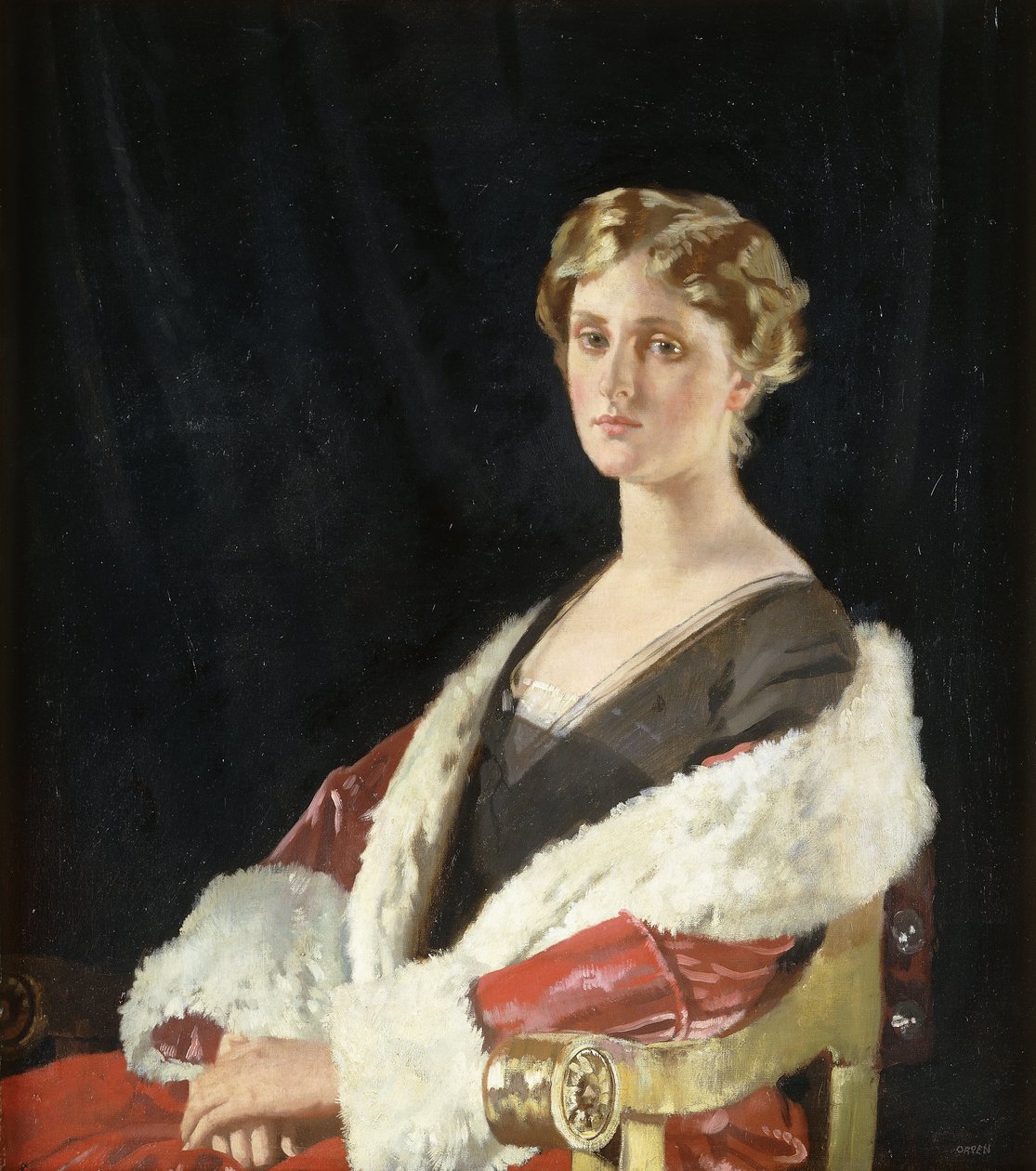 Portrait of Nancy Oswald Smith, Seated Half Length, in a Red Fur-Lined Coat by William Orpen