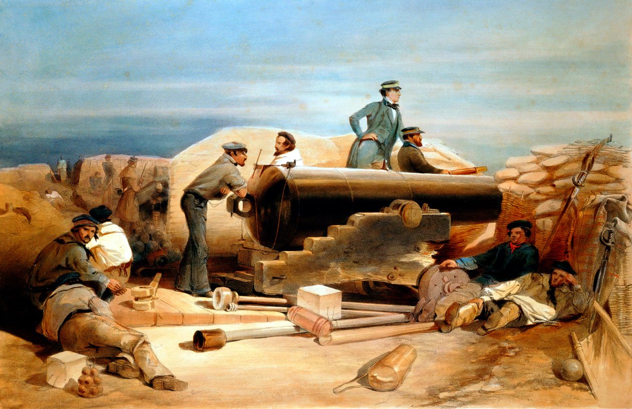A Quiet Day in the Diamond Battery - portrait of a Lancaster 68-pounder, Crimean War 1855-1856 by William Simpson