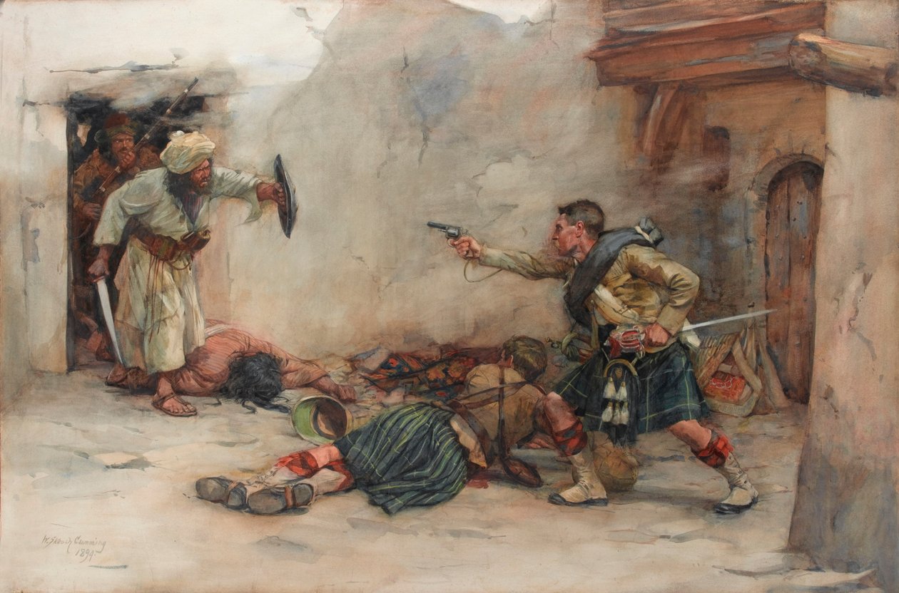 Drummer James Roddick of the 92nd Gordon Highlanders, defending Lieutenant Menzies during hand-to-hand fighting in Kandahar by William Skeoch Cumming