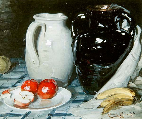 Still Life with Apples and Bananas, and a large Jug and Vase by William Somerville Shanks