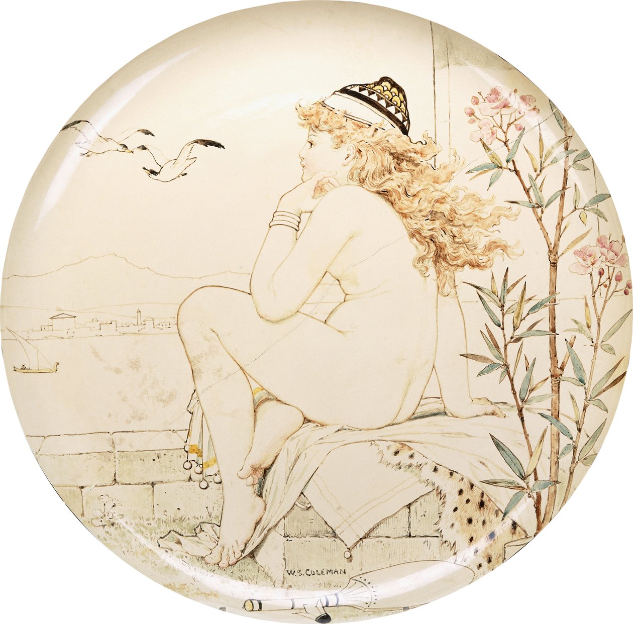 A Minton Art Pottery Studio charger, painted with a nude staring out to sea, 19th century by William Stephen Coleman