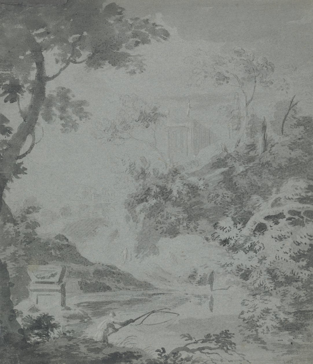 Landscape with a Distant Classical Building and a Man Fishing by William Taverner