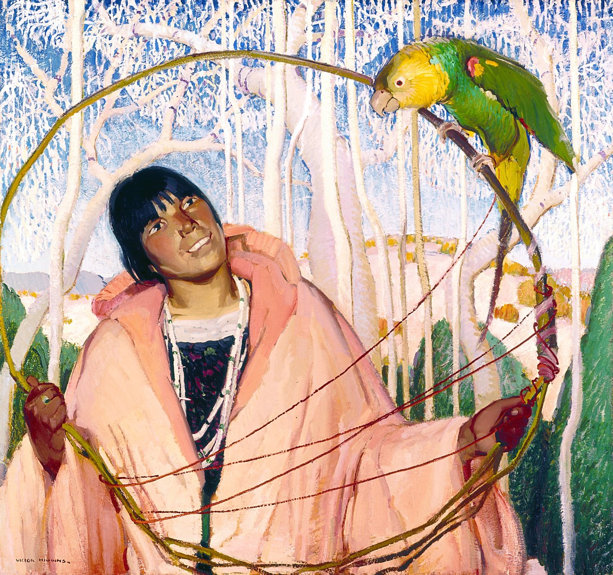 Indian Girl With Parrot And Hoop by William Victor Higgins