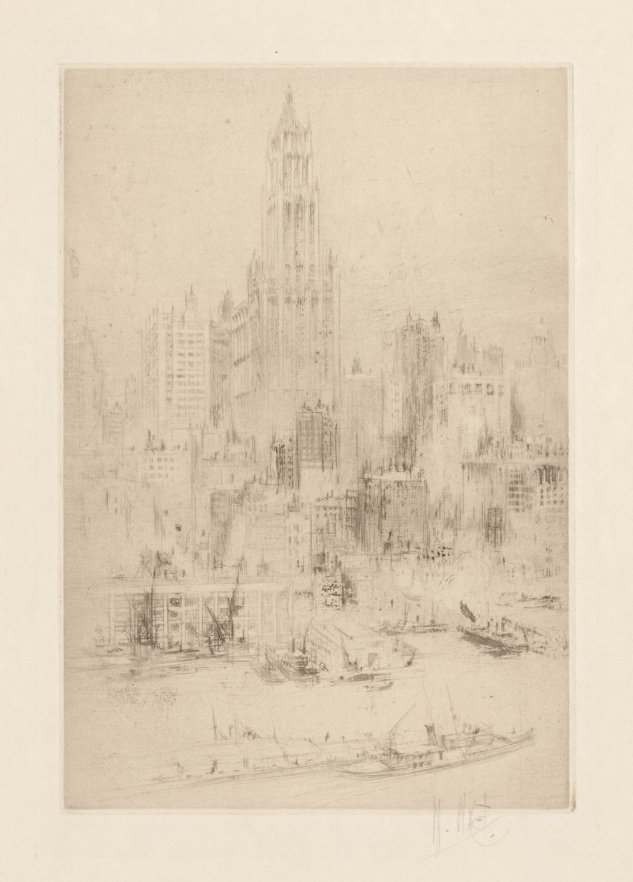 Downtown Manhattan from the East River, with the Woolworth Building by William Walcot