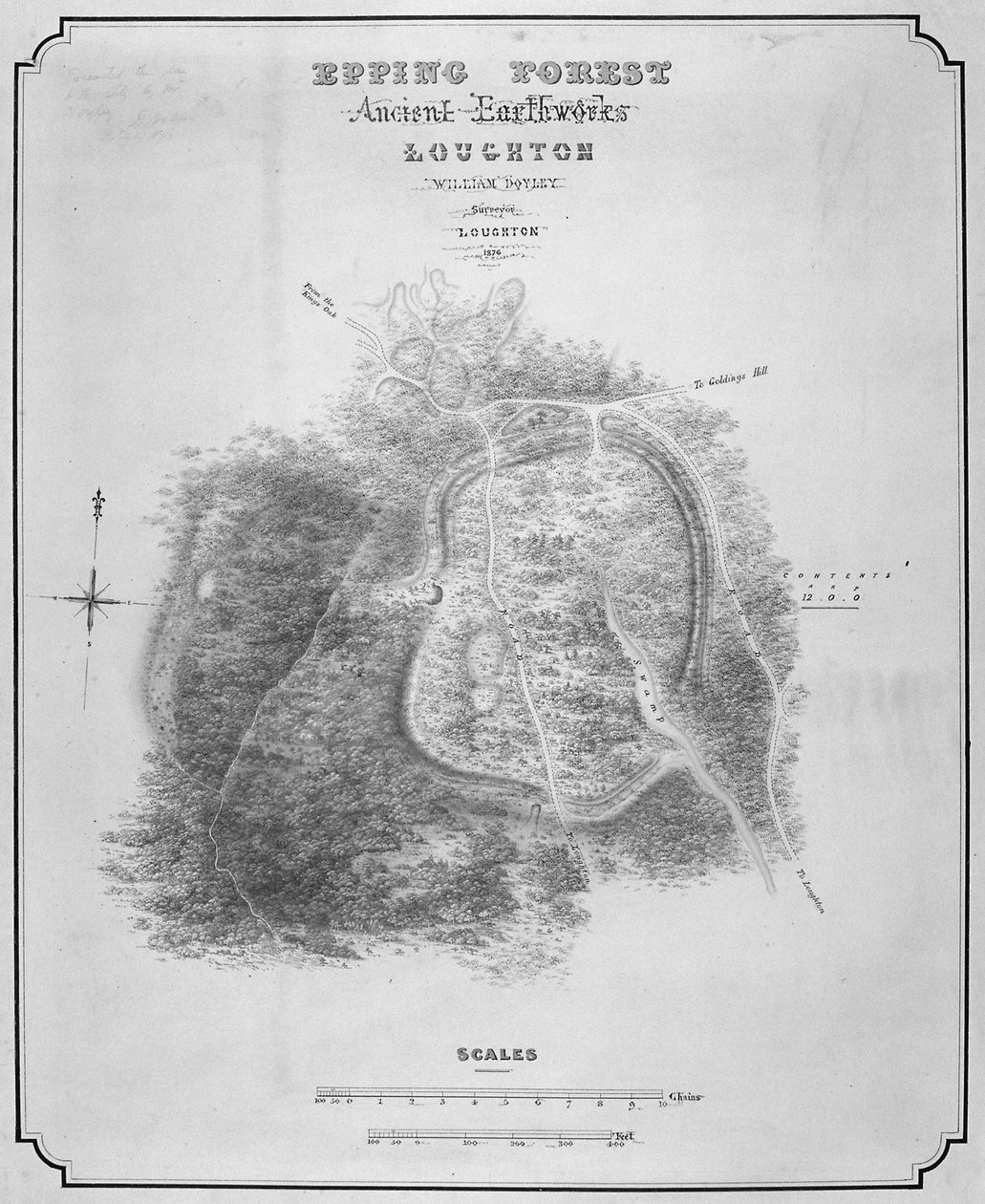 Map of the ancient earthworks at Loughton Camp made around AD 52 in Epping Forest, Essex by William d