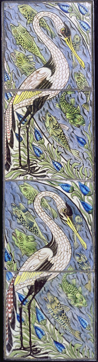 Four Tiles Depicting Fishing Birds by William de Morgan