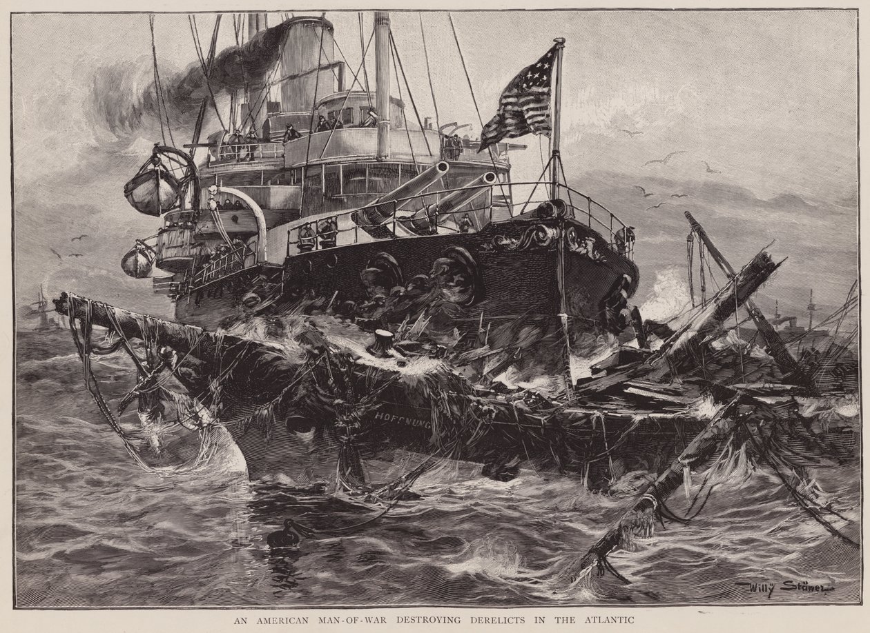 An American Man of War Destroying Derelicts in the Atlantic by Willy Stower