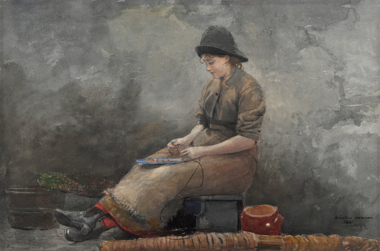 A Fishergirl Baiting Lines by Winslow Homer