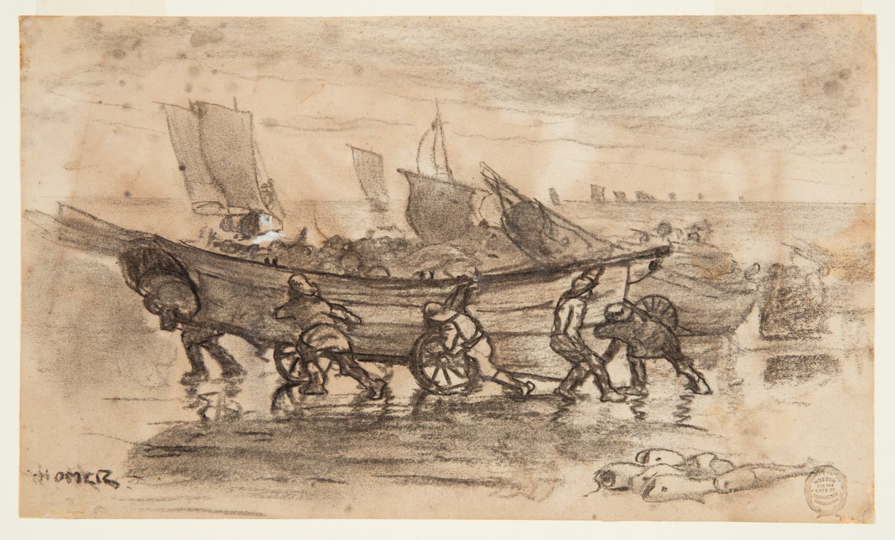 Fishermen Beaching a Dory, Cullercoats, England by Winslow Homer