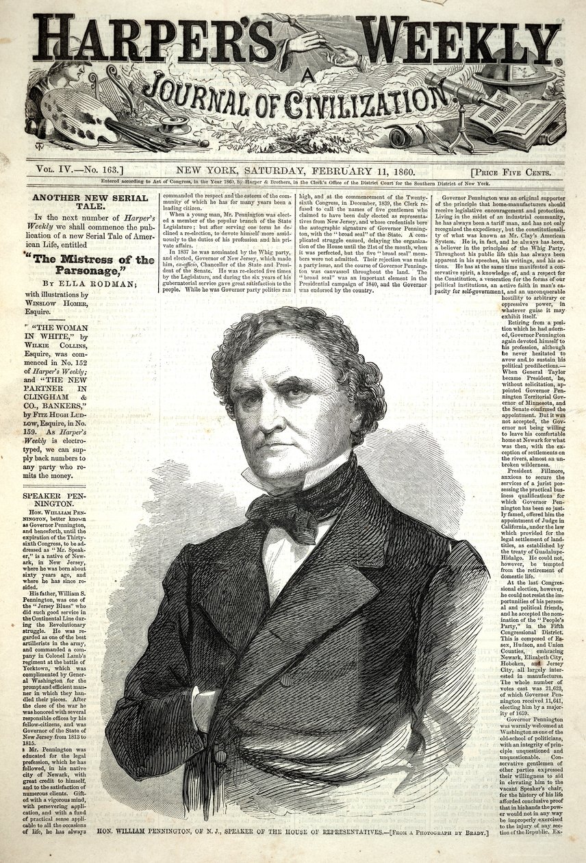 Hon. William Pennington of N.J., Speaker of the House of Representatives, from Harper