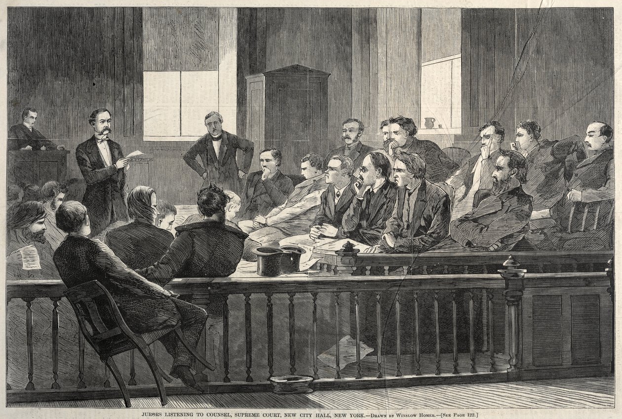 Jurors Listening to Counsel, Supreme Court, New City Hall, New York by Winslow Homer