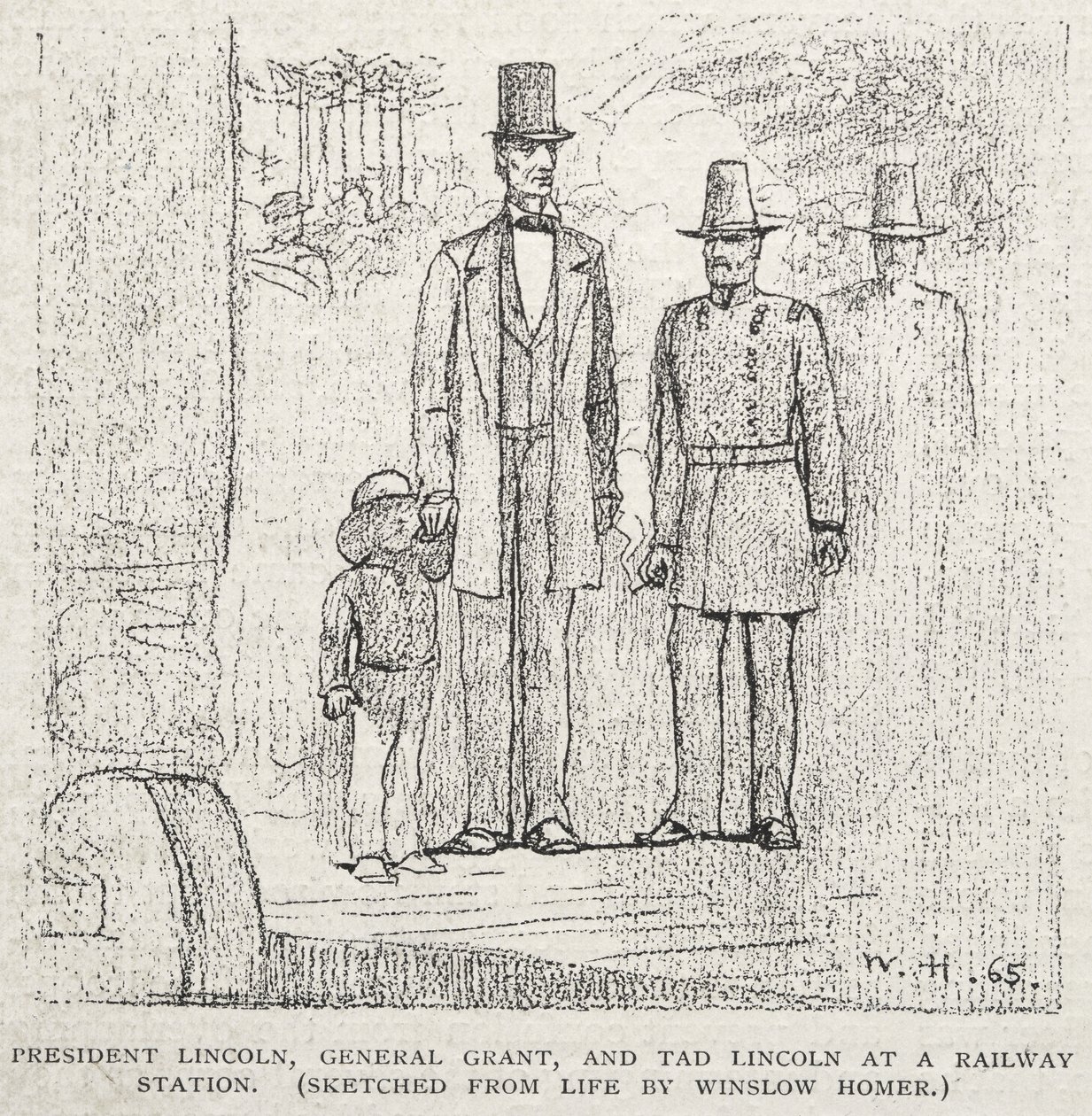 President Lincoln, General Grant, and Tad Lincoln at a Railway Station by Winslow Homer