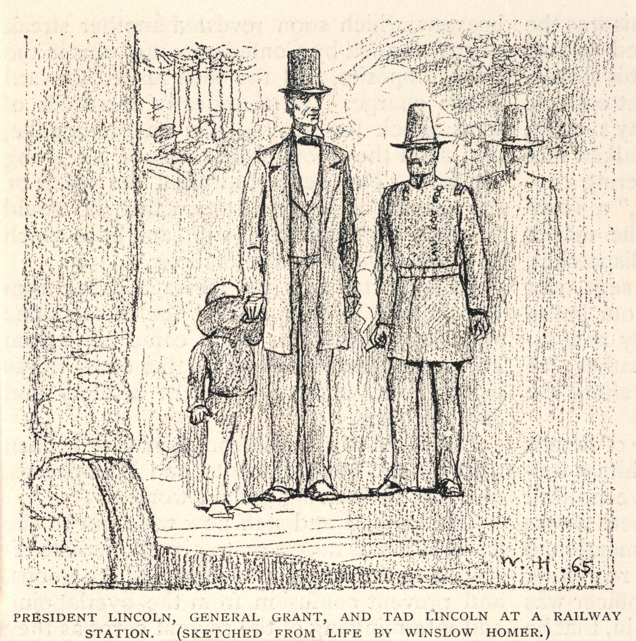 President Lincoln, General Grant, and Tad Lincoln at a Railway Station, from The Century Magazine, November 1887 by Winslow Homer