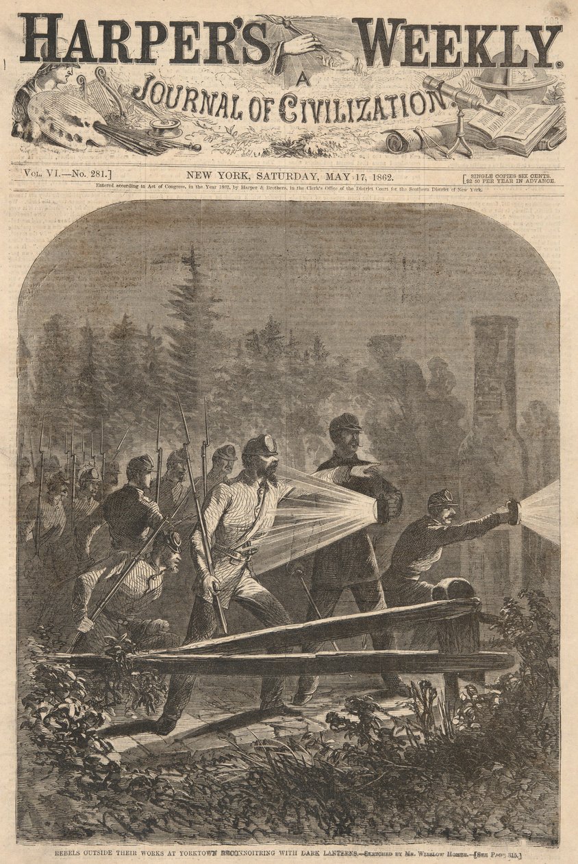 Rebels Outside Their Works at Yorktown Reconnoitering with Dark Lanterns, from Harper by Winslow Homer