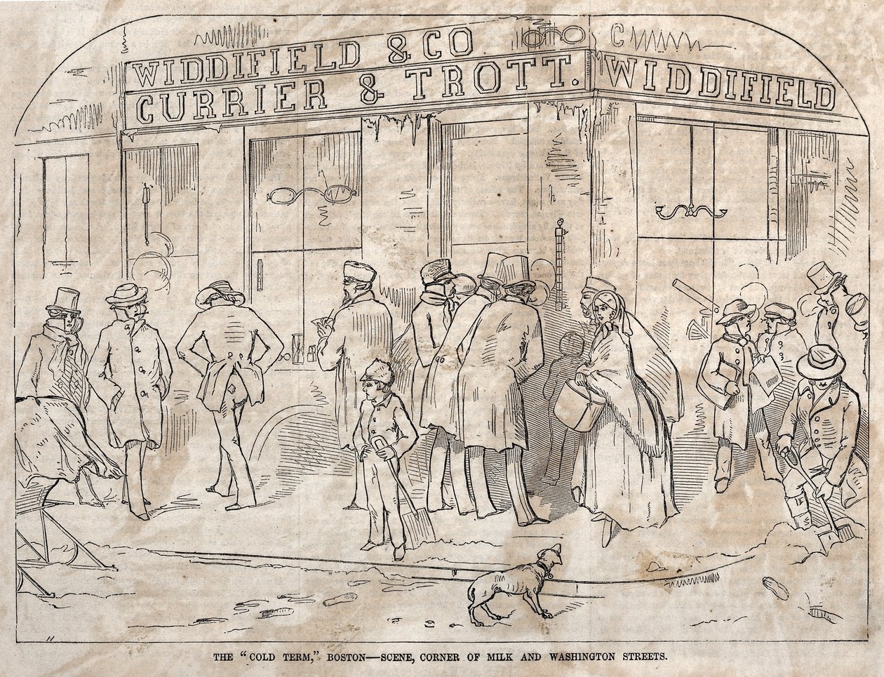 The Cold Term, Boston - Scene, Corner Milk and Washington Streets, 1858 by Winslow Homer