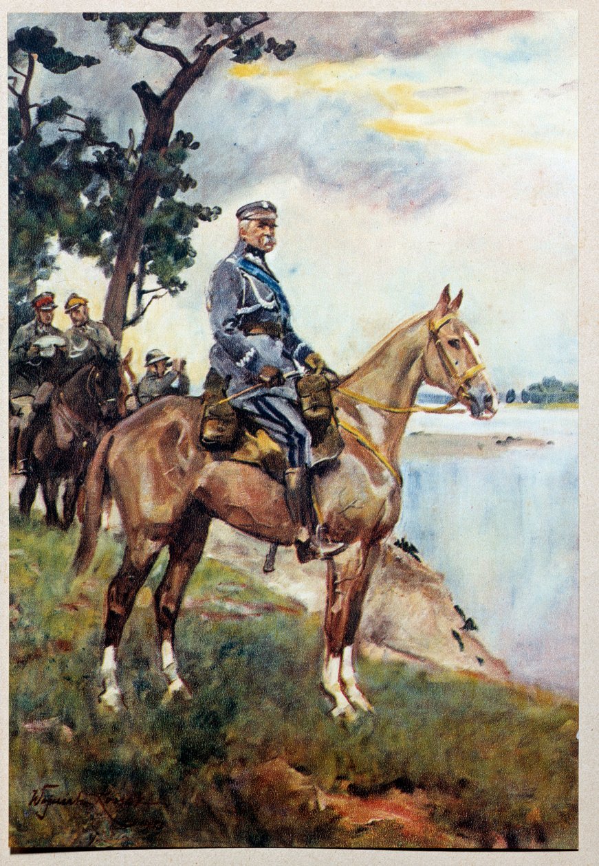 Equestrian portrait of Marechal Jozef (Joseph) Klemens Pilsudski (1867-1935) on his favorite horse Kasztanka by Wojciech Kossak