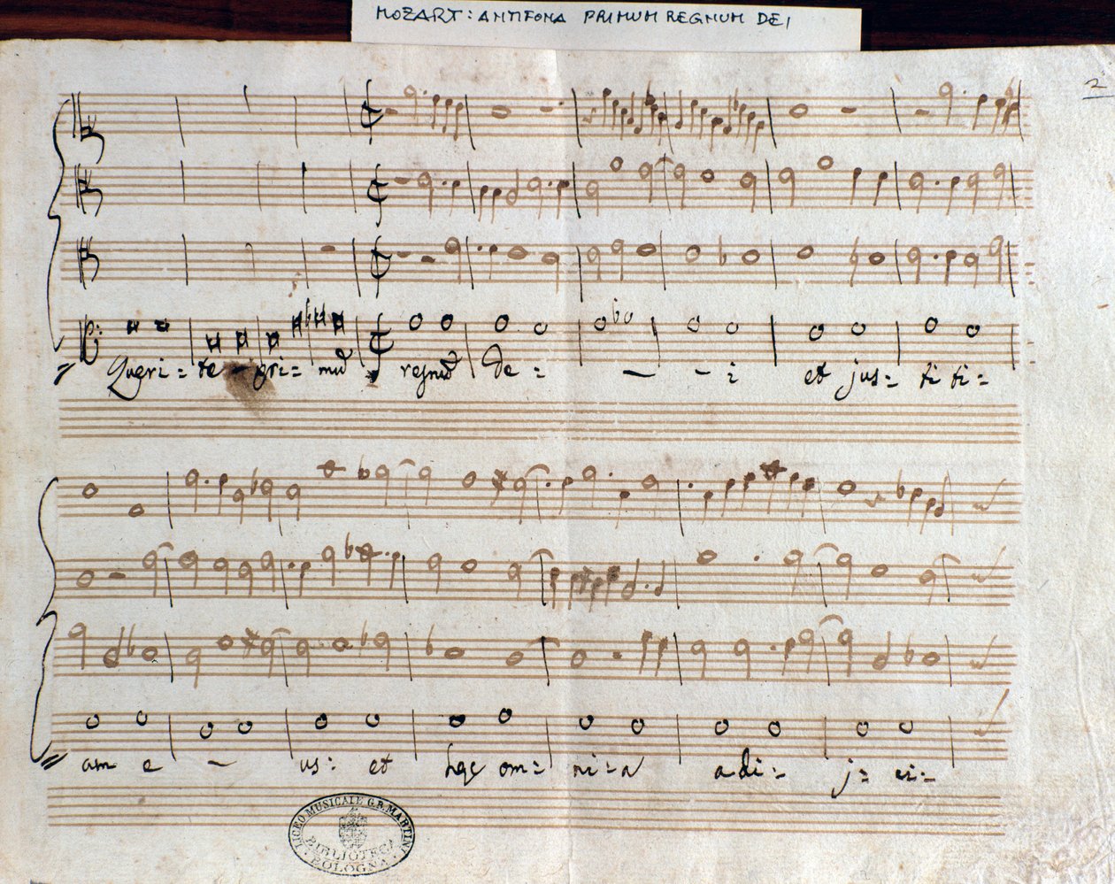 Sheet music page of Querite primum regnum Dei by Mozart to obtain the title of Accademico filarmonico by Wolfgang Amadeus Mozart