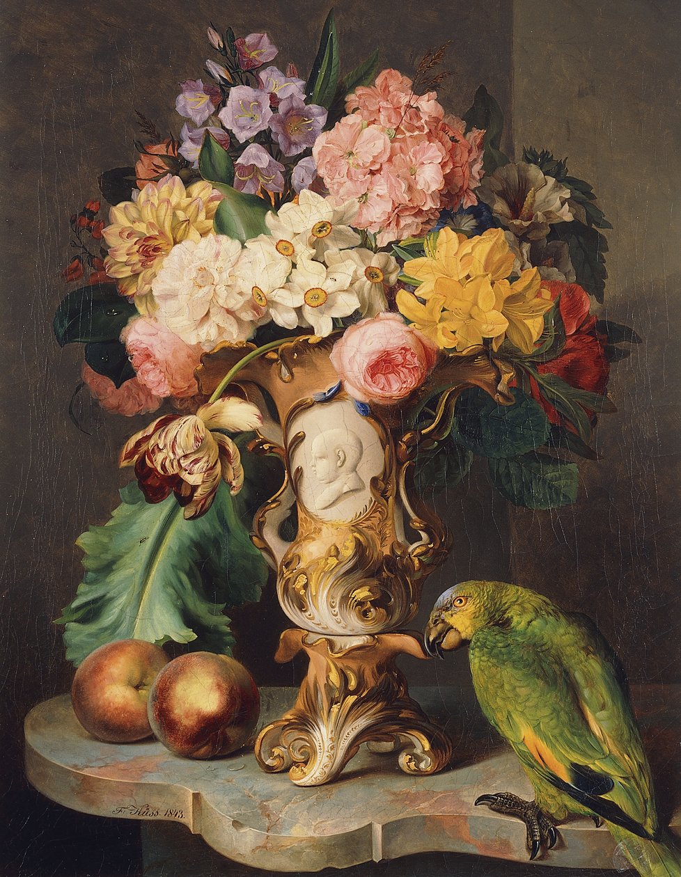 A Still-Life with a Vase of Assorted Flowers, Peaches and a Parrot on a Marble Ledge by Wolfgang Küss