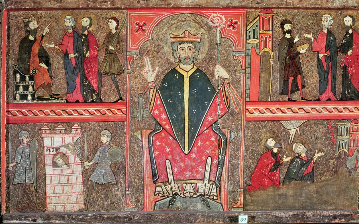 Altar Frontal Depicting Saint Peter Seated with Crozier and Four Scenes from His Life by Workshop of Lleida