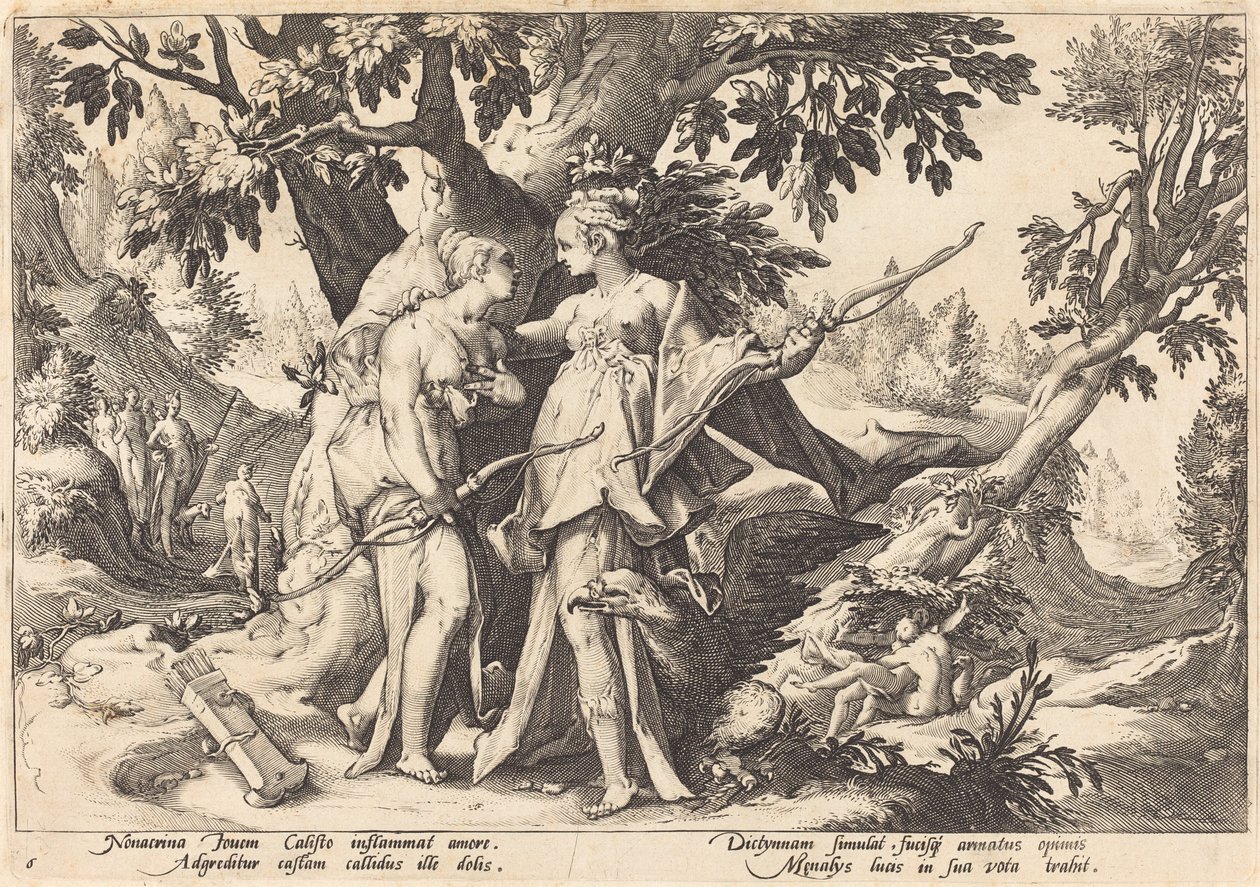 Jupiter in the Disguise of Diana Seduces Callisto by Workshop of Hendrick Goltzius, after Hendrick Goltzius