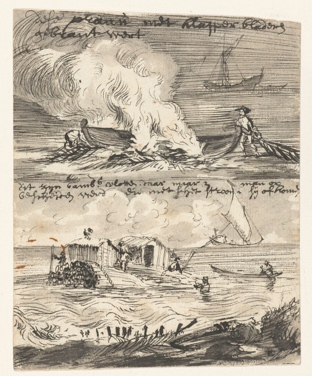 Sketches of a Prau and Two Bamboo Rafts (Travel Sketches Made in India) by Wouter Schouten