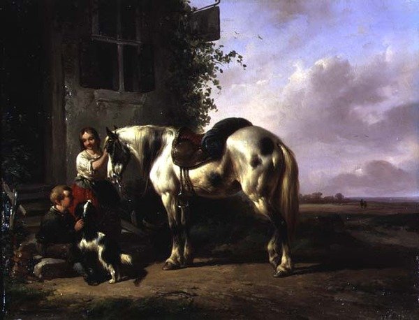 Exterior of an Inn with Young Girl, Boy, Dog, Horse by Wouterus Verschuur