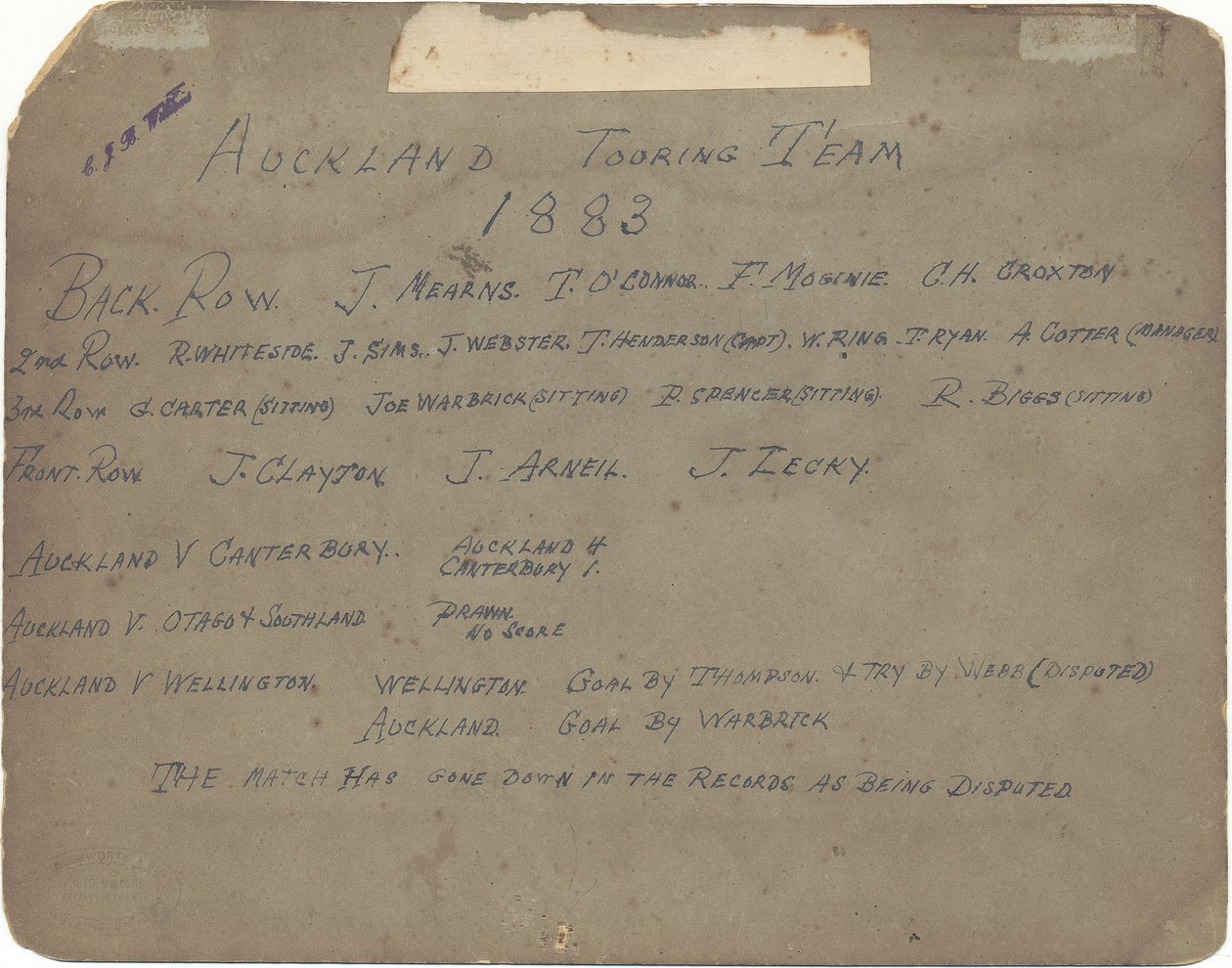 Auckland Touring Team, 1883 by Wrigglesworth and Binns