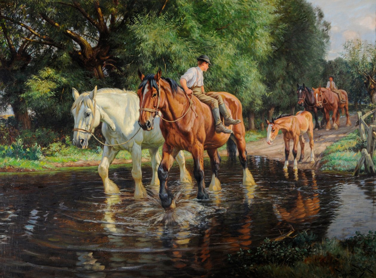 Farm Horses and Foal at a Ford, c.1915 by Wright Barker