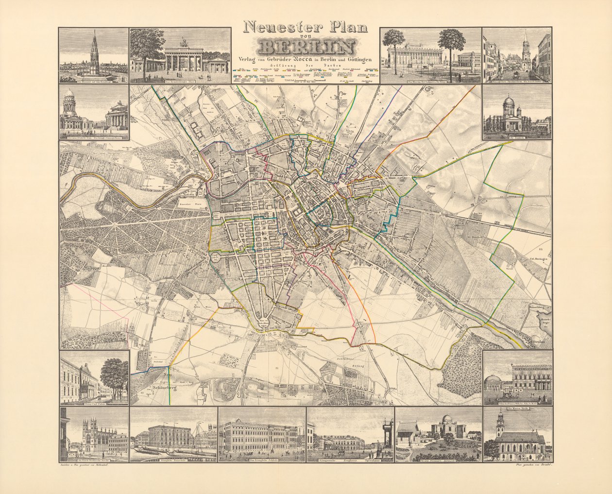 Historical Map of Berlin, Published by Verlag von Gebrueder Rocca, Berlin 1838 by W.v. Moellendorf