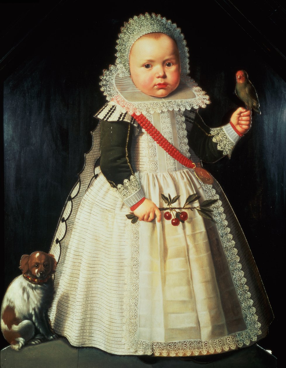 Portrait of a young boy holding a parrot by Wybrand Simonsz. de Geest