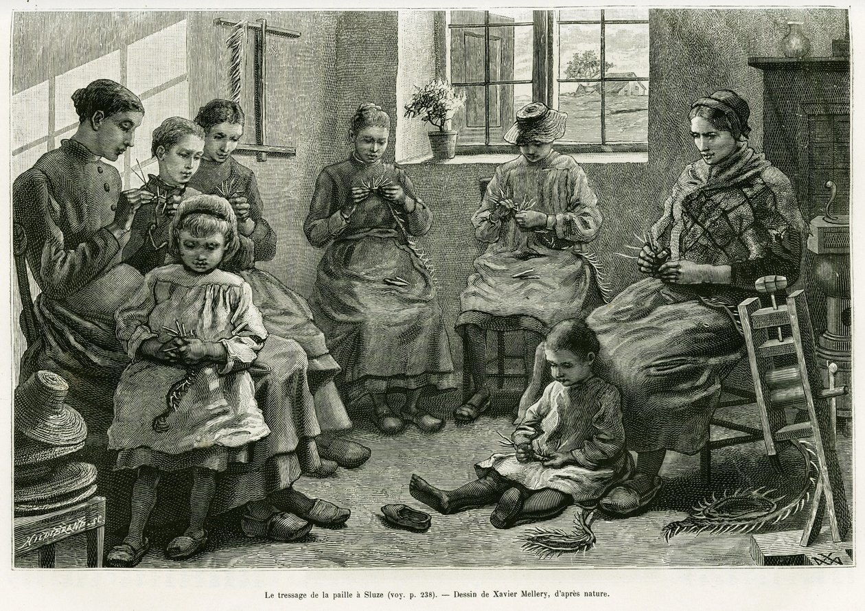 The Braiding of Straw at Sluze. Engraving by Xavier Mellery to illustrate the story 