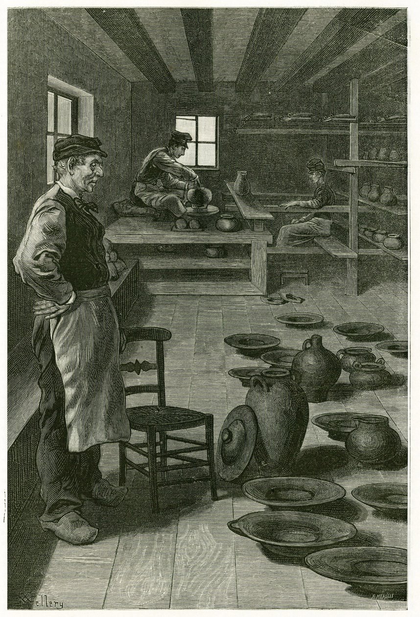 The potter of Terneuzen, in his workshop, clogged with vases and dishes, near the window, the potter works the clay on the harness and his apprentice, below, works the turn. Engraving by X.Mellery, after nature, to illustrate the story 