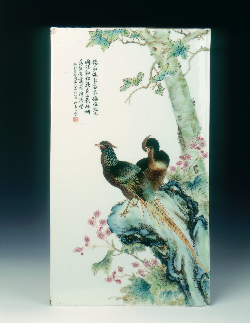 Famille Rose Porcelain Plaque with Pheasants, China by Xu Zhongnan