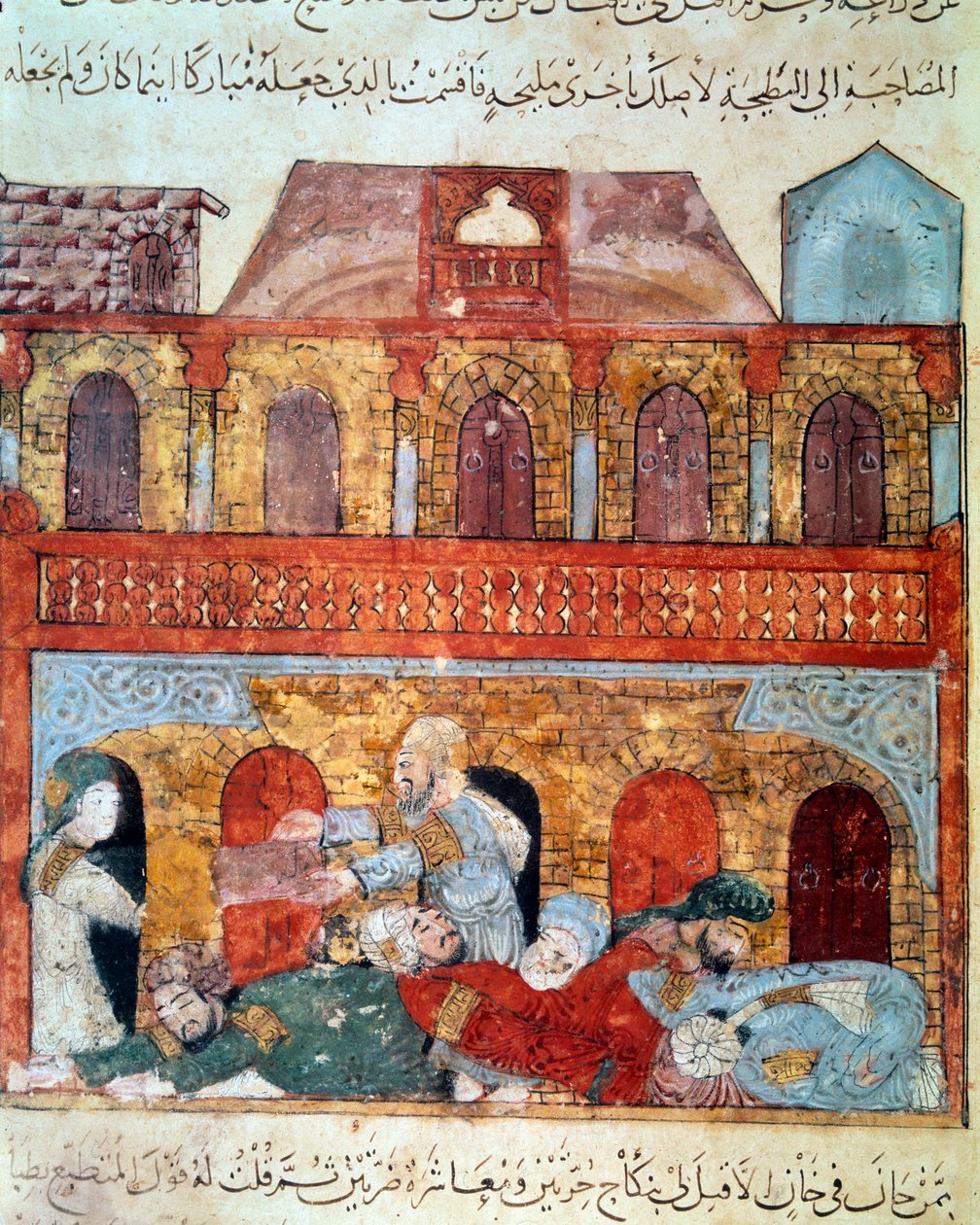 The wandering navigator Abu-Zayd and the sleeping merchants. Miniature from the Maqamat (Seances) by Abu Mohammed al-Kasim ibn Ali Hariri (1054-1122) illuminated by Yahya Mahmud al-Wasiti by Yahya ibn Mahmud Al Wasiti