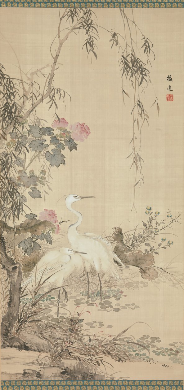Egrets, Peonies, and Willows by Yamamoto Baiitsu