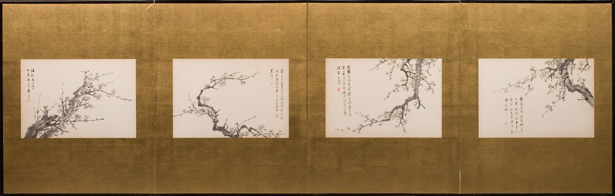 Prunus Blossoms, folding screen, Edo period 1844 by Yamamoto Baiitsu