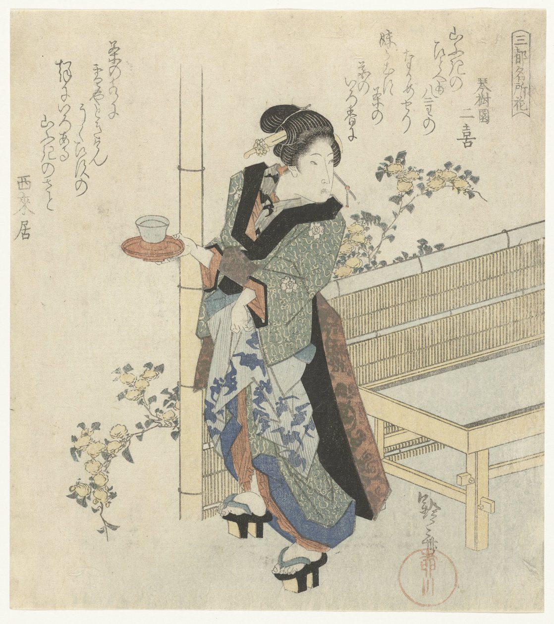 Waitress by Yamabuki Flowers (series title: Famous Flowers of the Three Capitals) by Yanagawa Shigenobu (I)