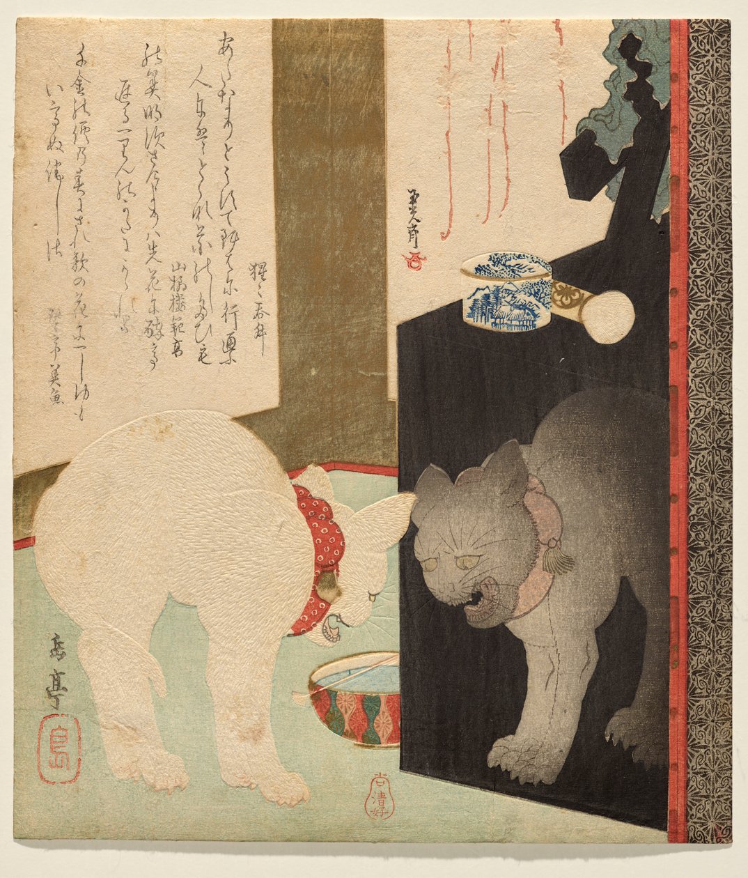 White Cat Reflected in a Lacquer Dresser by Yashima Gakutei