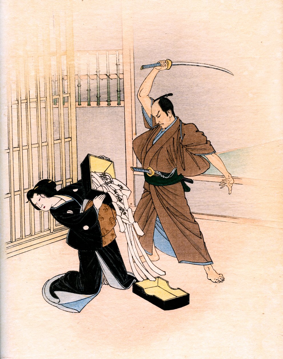 Traditional Japanese theatre: an actor threatens an actress with a sword by Yoshimune Arai