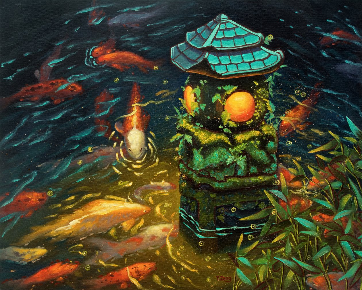 Stone Lantern with Koi Fish by Yue Zeng