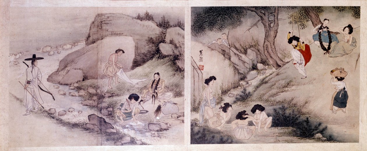 Korean art: women washing their clothes and dressing themselves by Yun bok Sin