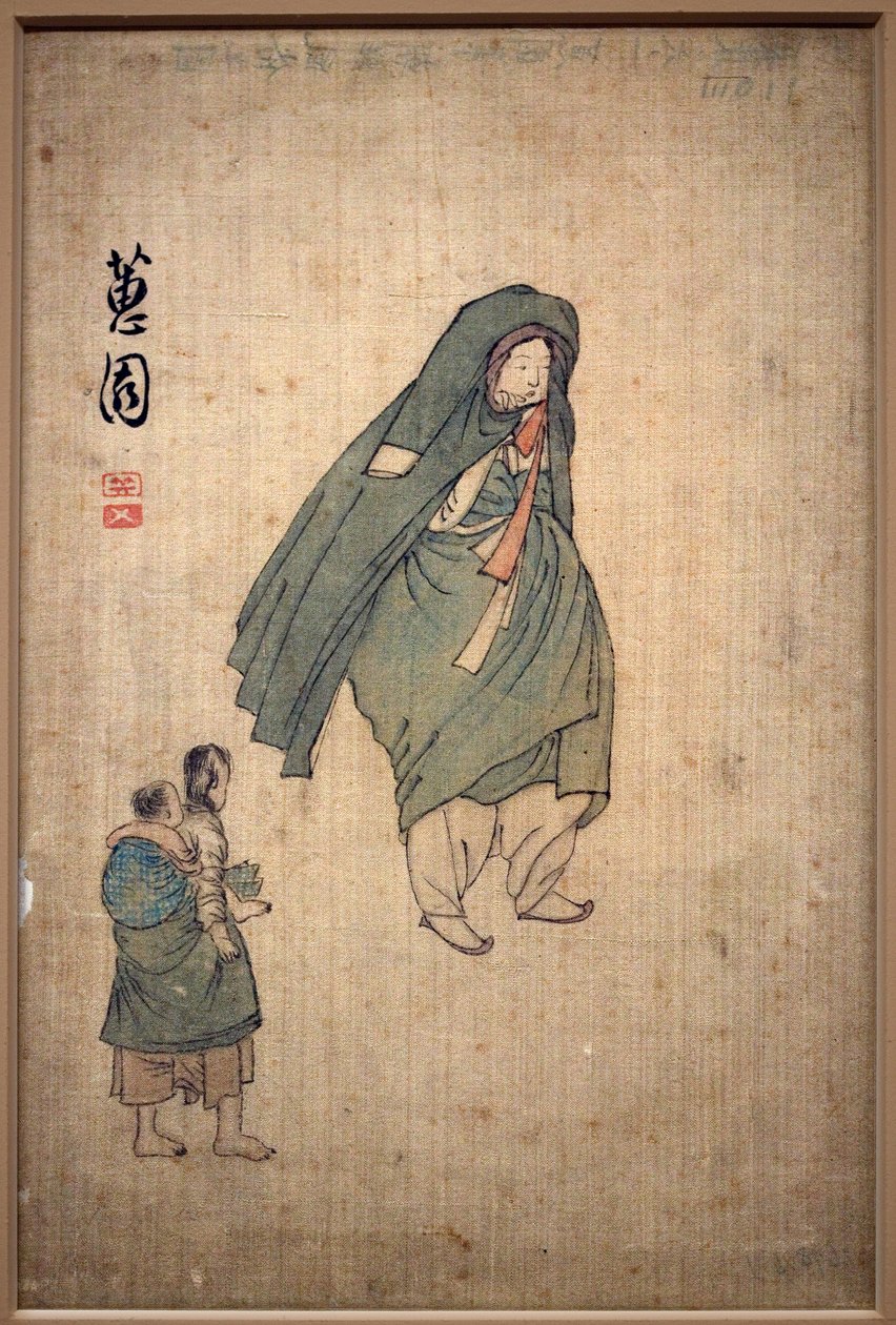 Woman wrapped in her coat, passing by two children by Yunbok Shin