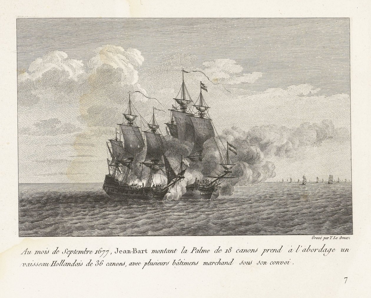 Jan Bart Captures a Dutch Frigate, 1677 (In September 1677, Jean-Bart aboard the Palme with 18 cannons captures a Dutch ship with 36 cannons, along with several merchant ships under its convoy) by Yves Marie Le Gouaz