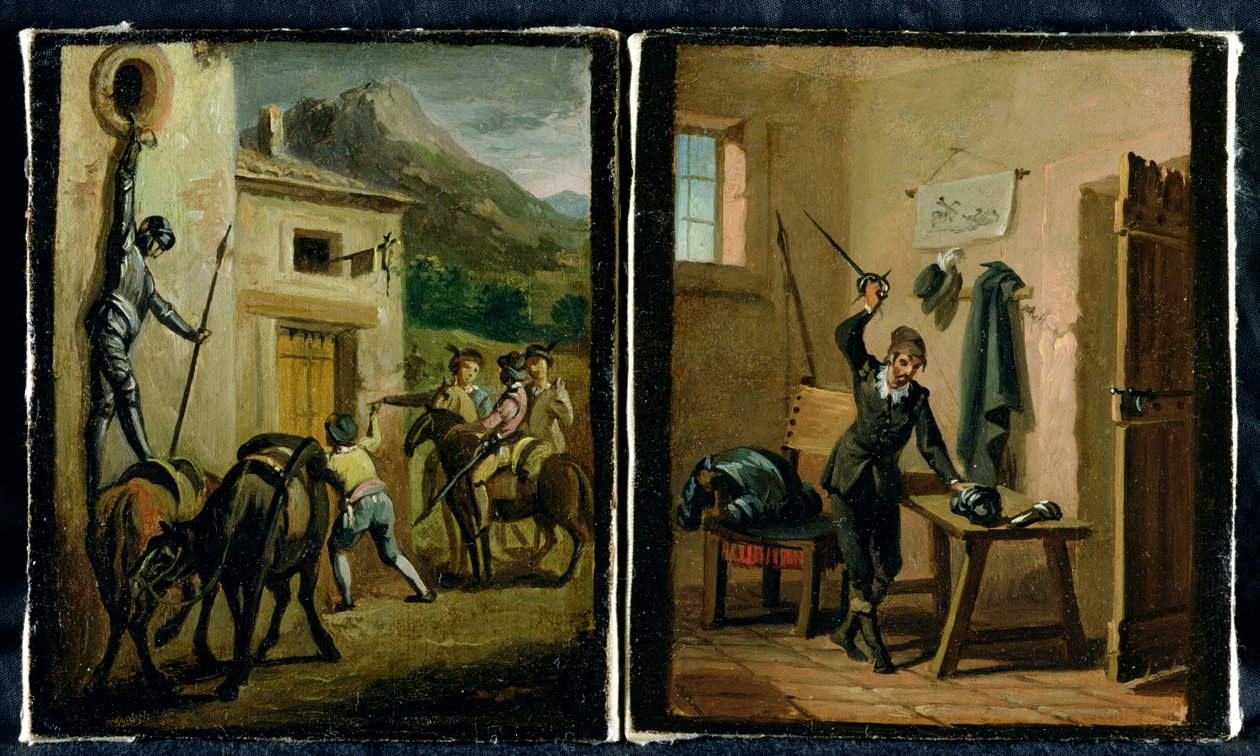Don Quixote hanging from the window and preparing his armour, two scenes from the novel by Cervantes by Zacarias Gonzalez Velazquez
