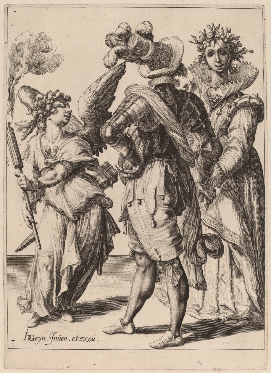 A Blindfolded Cupid Holding a Torch Before a Couple by Zacharias Dolendo after Jacques de Gheyn II